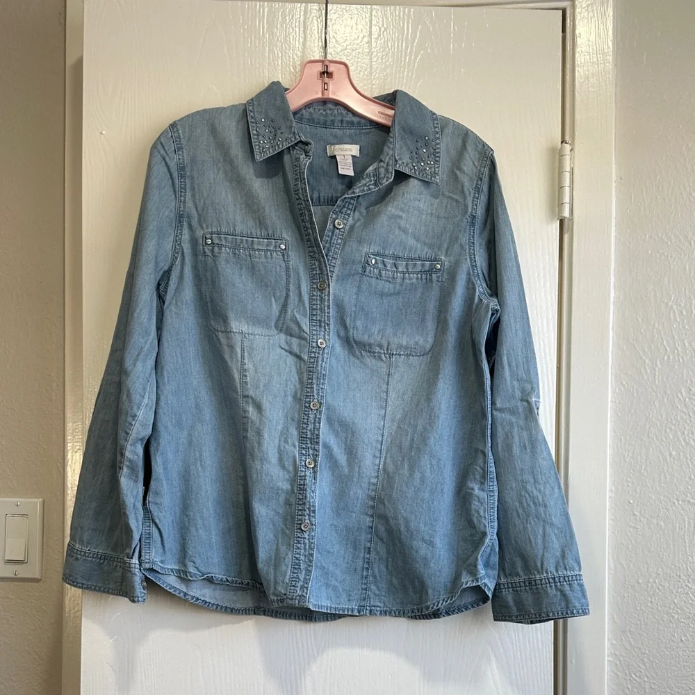 Chico's Denim-Style Button Down with Studs - Picture 1 of 8